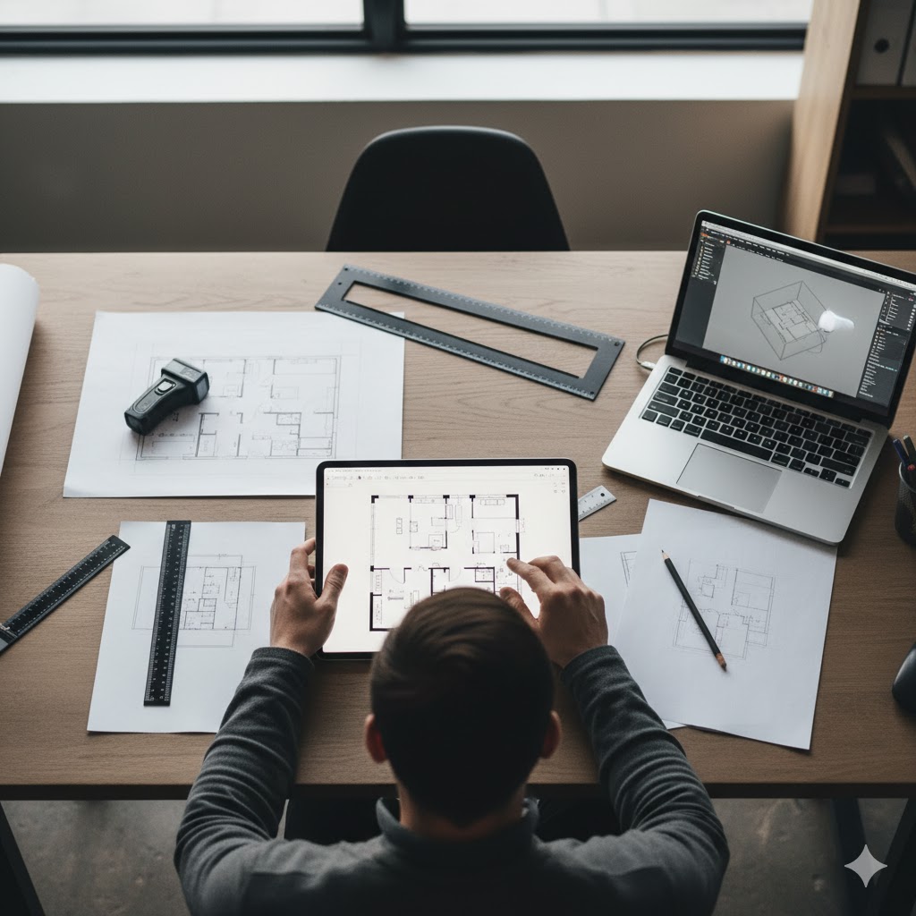 室內設計師規劃平面圖的照片