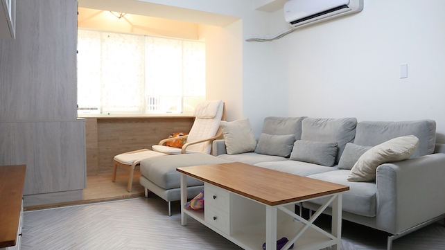 桃園居家工作室住宅案例客廳空間，三人沙發與單人沙發連接窗台平台的人寵共享節點