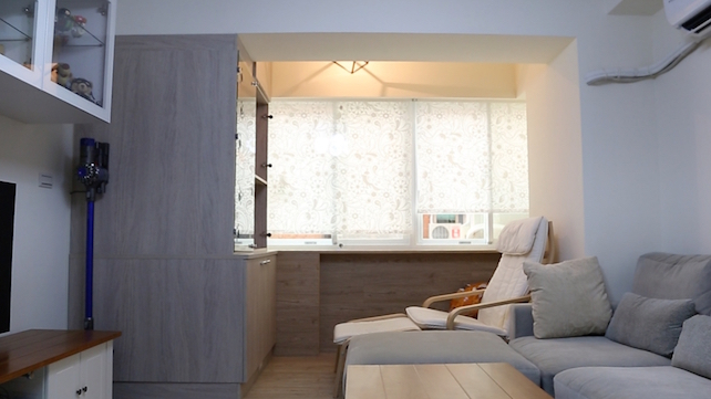 桃園居家工作室客廳空間配置，沙發與窗台平台形成寵物活動路徑